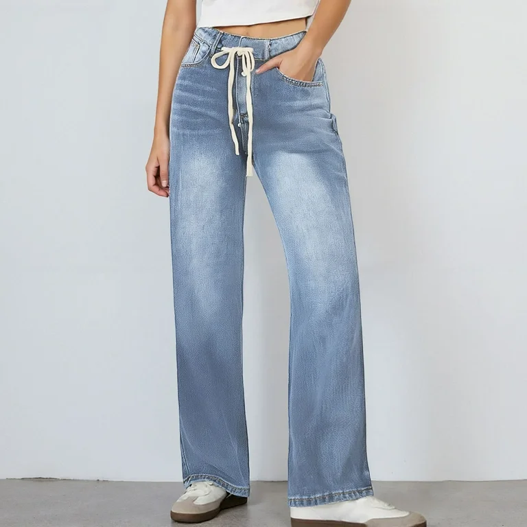 Photo 1 of (M) Women's Wide Leg Jeans High Waisted Stretchy Straight Leg Baggy Drawstring Zimbaplatinum Denim Pants
