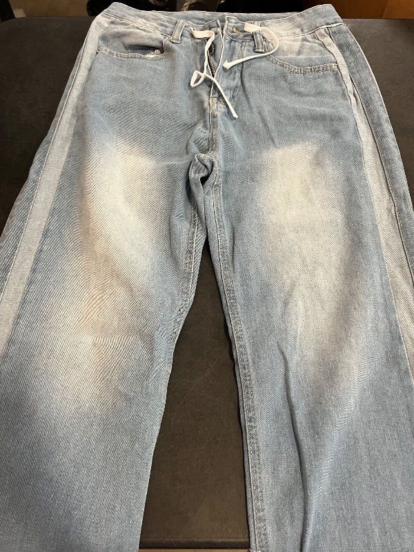 Photo 1 of (M) Women's Wide Leg Jeans High Waisted Stretchy Straight Leg Baggy Drawstring Zimbaplatinum Denim Pants

