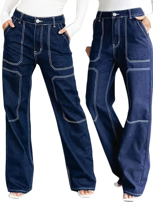 Photo 1 of (XL) Womens Non Stretch Color White Line Geometry Spicing Wide Leg Denim Jeans 