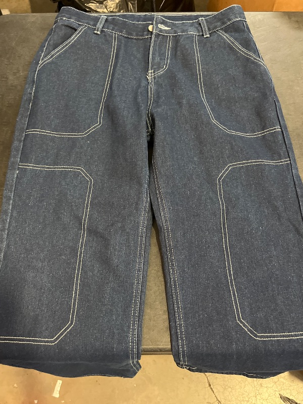 Photo 1 of (XL) Womens Non Stretch Color White Line Geometry Spicing Wide Leg Denim Jeans 