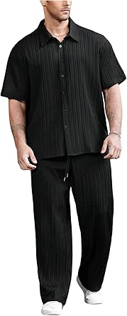 Photo 1 of (XL) Men's Two-Piece Set, Casual Breathable Summer Long Pants and Short Sleeve, Solid Color

