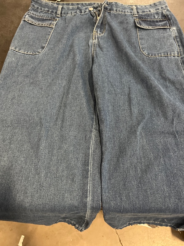 Photo 1 of (XXXL) Womens Wide Leg High Rise Blue Jeans with Lacing Up Side Leg
