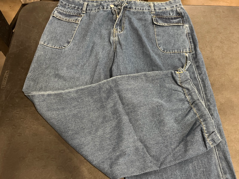 Photo 1 of (XXXL) Womens Wide Leg High Rise Blue Jeans with Lacing Up Side Leg
