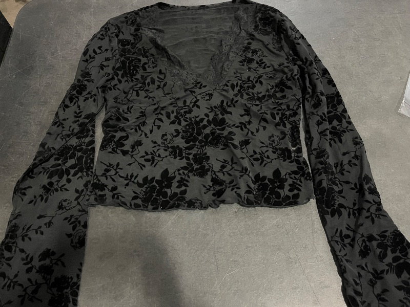 Photo 1 of (L) Womens See Through Floral Shirt with V- Neck and Seam Design 