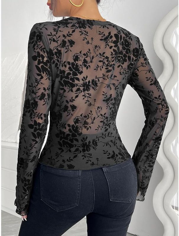 Photo 1 of (L) Womens See Through Floral Shirt with V- Neck and Seam Design 