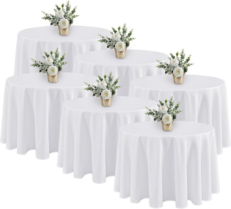 Photo 1 of Fitable 6 Pack White Round Tablecloths - 120 Inches in Diameter - Stain Resistant and Washable Table Clothes, Polyester Fabric Table Covers for Wedding, Party, Banquet, Formal Events
