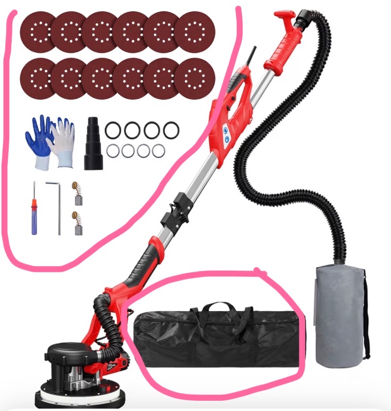 Photo 1 of Drywall Sander, 2025 Upgraded 8-Amp Popcorn Ceiling Removal Tool with 7 Variable Speed 800-1800RPM, Drywall Sander with Vacuum Dust Collector with Extendable Handle, LED Light, 12pcs Sanding Discs,Red
