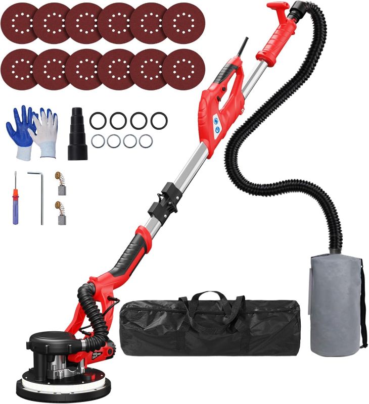 Photo 1 of Drywall Sander, 2025 Upgraded 8-Amp Popcorn Ceiling Removal Tool with 7 Variable Speed 800-1800RPM, Drywall Sander with Vacuum Dust Collector with Extendable Handle, LED Light, 12pcs Sanding Discs,Red
