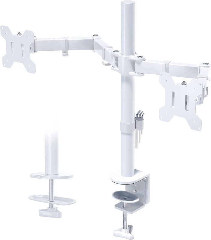 Photo 1 of BONTEC Dual Monitor Desk Mount, Full Motion Adjustable White Monitor Stand for 13–27 Inch Screens, Heavy Duty Arms Hold 22 lbs Each, VESA 75x75/100x100, C Clamp and Grommet Base, Cable Management
