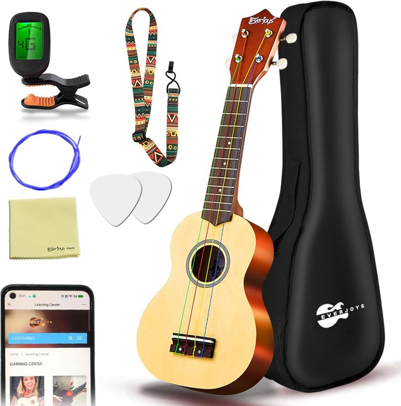 Photo 1 of Everjoys Soprano Ukulele Beginner Pack-21 Inch w/Rainbow String Free Online Lesson Gig Bag Digital Tuner Pick All in One Kit
