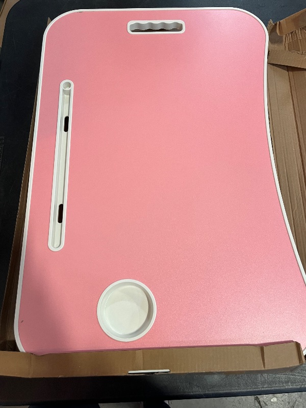 Photo 1 of Laptop Bed Desk, Foldable Lap Desk, Portable Lap Table, Laptop Stand with Cup Holder & Tablet Slot & Lifting Handle for Working Writing Drawing & Eating - Pink
