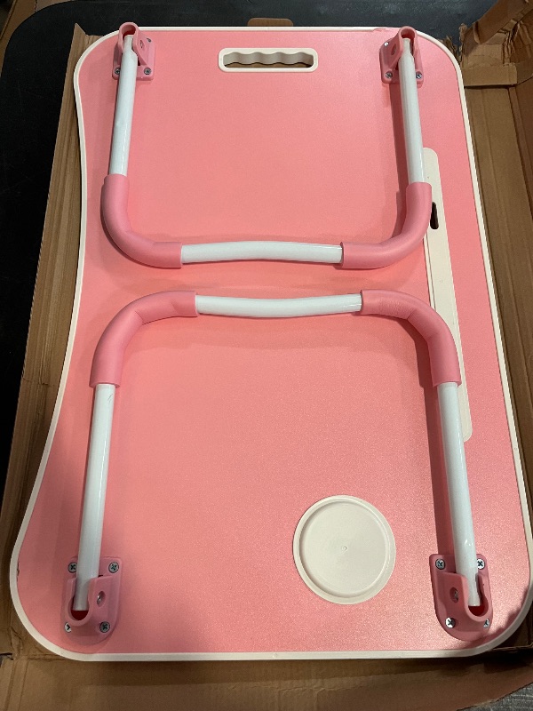 Photo 1 of Laptop Bed Desk, Foldable Lap Desk, Portable Lap Table, Laptop Stand with Cup Holder & Tablet Slot & Lifting Handle for Working Writing Drawing & Eating - Pink
