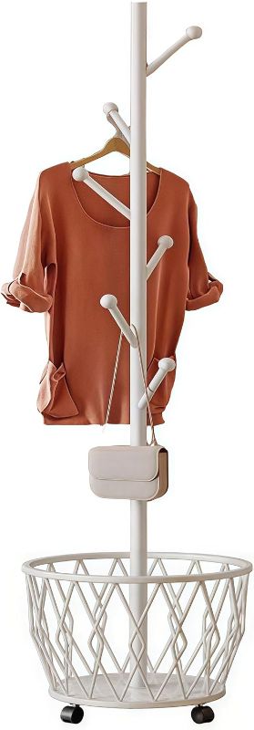 Photo 1 of Freestanding Metal Coat Rack Stand with Basket Modern Organizer for Scarf Jacket Hat Bags Ideal for Home Entryway Bedroom Corner Stable and Moveable Tree
