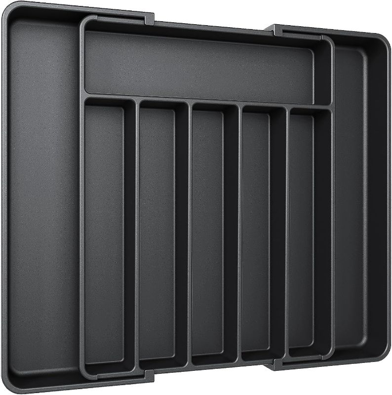 Photo 1 of Aujen Silverware Organizer - Expandable Kitchen Drawer Organizer, Adjustable Utensil Organizer, Cutlery Tray for Forks, Knives, Multipurpose Kitchen Organizers and Storage Solution, Black, Large
