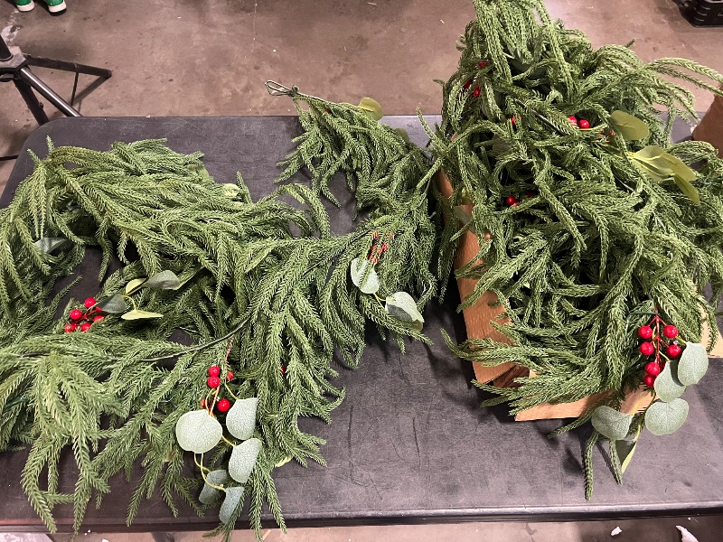 Photo 1 of 2PCS 9FT Christmas Garland with Lights, Battery Operated Garland with Red Berries and Eucalyptus Leaves, Real Touch Artificial Prelit Garland for Mantle, Fireplace, Table, Stairs & Christmas Decorations
