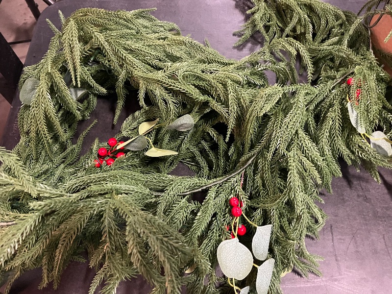 Photo 1 of 2PCS 9FT Christmas Garland with Lights, Battery Operated Garland with Red Berries and Eucalyptus Leaves, Real Touch Artificial Prelit Garland for Mantle, Fireplace, Table, Stairs & Christmas Decorations
