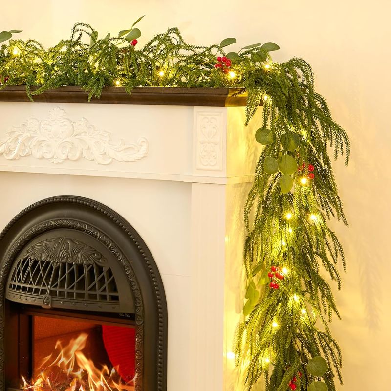 Photo 1 of 2PCS 9FT Christmas Garland with Lights, Battery Operated Garland with Red Berries and Eucalyptus Leaves, Real Touch Artificial Prelit Garland for Mantle, Fireplace, Table, Stairs & Christmas Decorations
