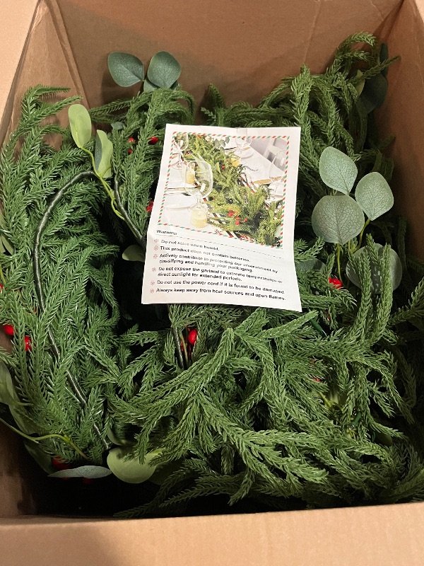 Photo 1 of 2PCS 9FT Christmas Garland with Lights, Battery Operated Garland with Red Berries and Eucalyptus Leaves, Real Touch Artificial Prelit Garland for Mantle, Fireplace, Table, Stairs & Christmas Decorations
