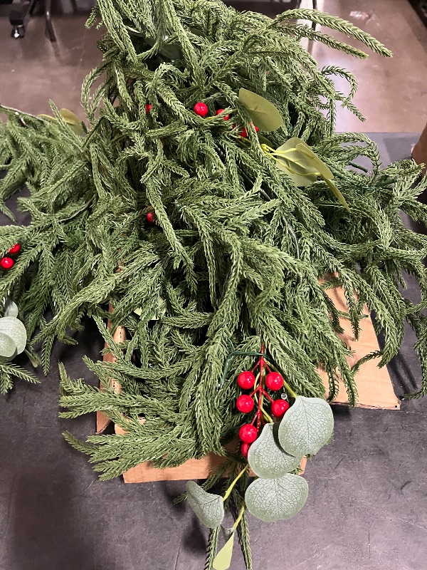 Photo 1 of 2PCS 9FT Christmas Garland with Lights, Battery Operated Garland with Red Berries and Eucalyptus Leaves, Real Touch Artificial Prelit Garland for Mantle, Fireplace, Table, Stairs & Christmas Decorations
