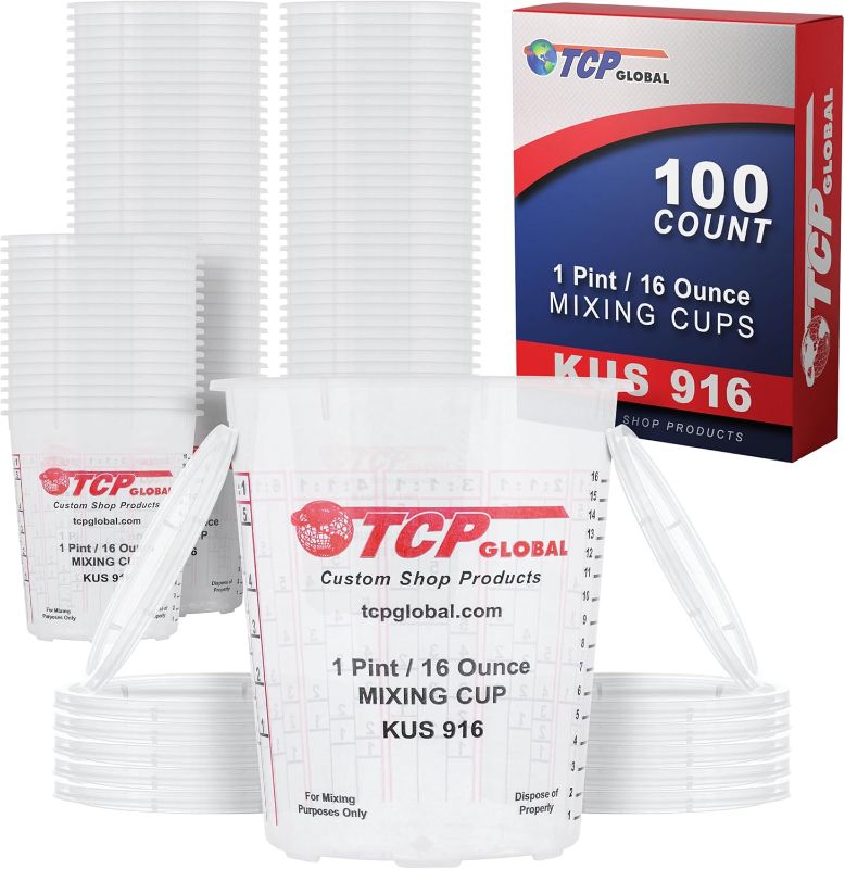 Photo 1 of Custom Shop Paint Mixing Cups, 16-Ounce (Box of 100) - Plastic Measuring Cups for Liquids, Automotive Painting, Epoxy Resin, Acrylic Arts, Crafts, Disposable or Reusable, Graduated, Mixing Ratios