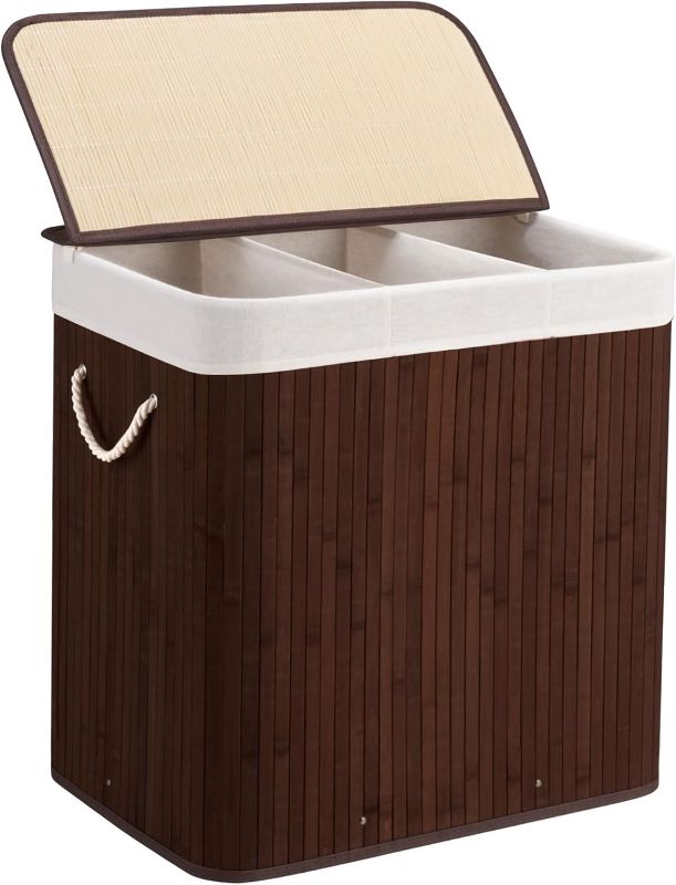 Photo 1 of 150L Laundry Hamper with lid, 3-Section Clothes Laundry Basket with Handles, Large Collapsible Bamboo Baskets for Bedroom, Bathroom, Dorm, Brown
