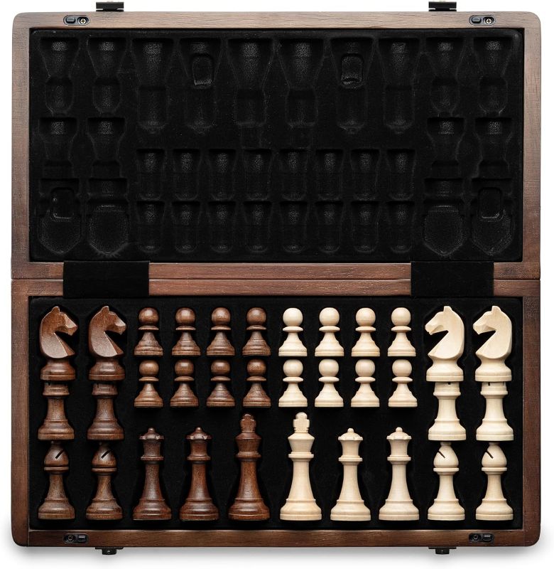 Photo 1 of A&A 15" Magnetic Wooden Chess Set, Handmade 3" King Height Staunton Chess Pieces with 2 Extra Queens, Folding Portable Travel Game Set