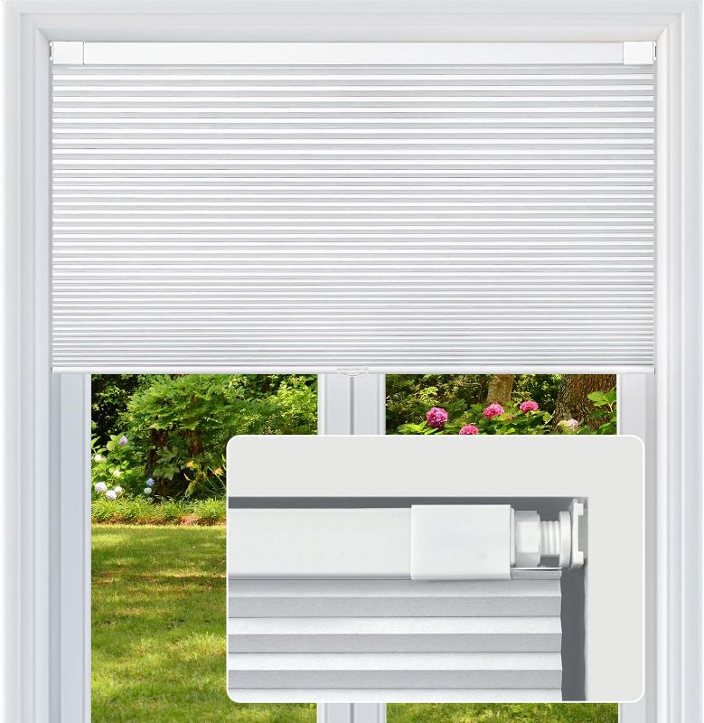 Photo 1 of Cordless Cellular Shades, No Drill No Tools Honeycomb Window Blinds, Blackout Light Blocking Cellular Shades for Window, Thermal Insulation Blinds, Easy to Install, White 29" W x 48" H
