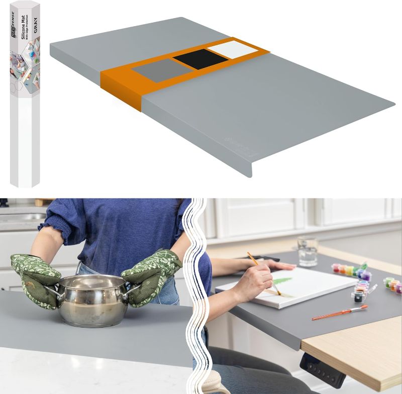 Photo 1 of Extra Large Silicone Mat for Countertop with "Edge Protection" – Kitchen Counter Mat – Multipurpose Heat Resistant Silicone Mat – No Folds or Wrinkles – 1.5mm Thick, 36"x24", Gray
