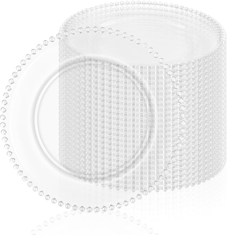 Photo 1 of 24 Pack Clear Charger Plates Bulk 13 Inch Plastic Round Dinner Chargers with Beaded Rim, Acrylic Decorative Service Plates for Wedding Party Event, Home and Tabletop Decor (Clear)