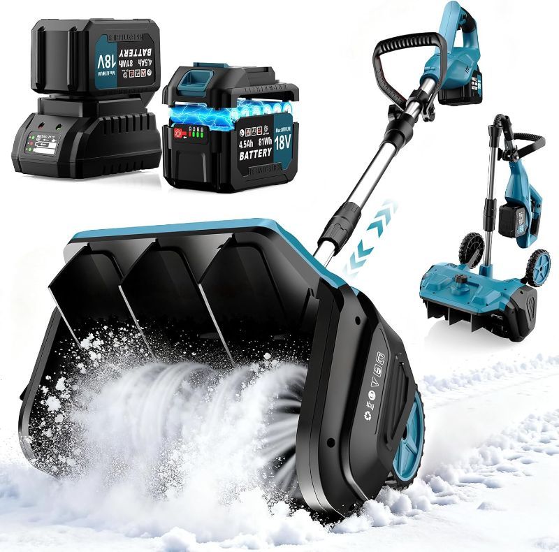 View 1 of 17"Cordless Snow Shovel with Wheels, 9000mAh Brushless Electric Snow Blower Battery Powered, 20-30FT Throw Distance/Larger Snow Removal,12lb Lightweight Snow Thrower for Driveway/Steps/Patio/Sidewalk
