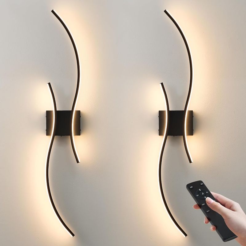 Photo 1 of Battery Operated Wall Sconces Set of Two with Remote Control, Battery Wall Light, Stepless Colors 3000K-6000K & Dimming, Black Rechargeable Wall Sconces for Living Room, Hallway, Bedroom, 39.3 Inch
