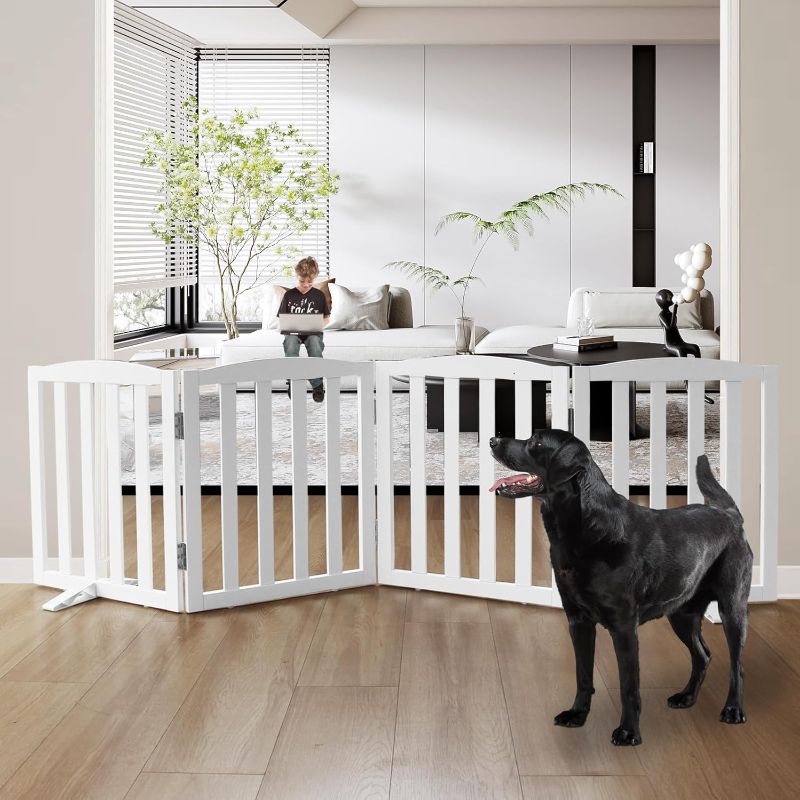 Photo 1 of Freestanding Dog Gate Indoor,Doggie Gate Foldable Dog Gates for Doorways,Stairs or Hallways, Wooden White Pet Gate for The House, Pet Fence with Support Feet Included,24 "Height-4 Panels
