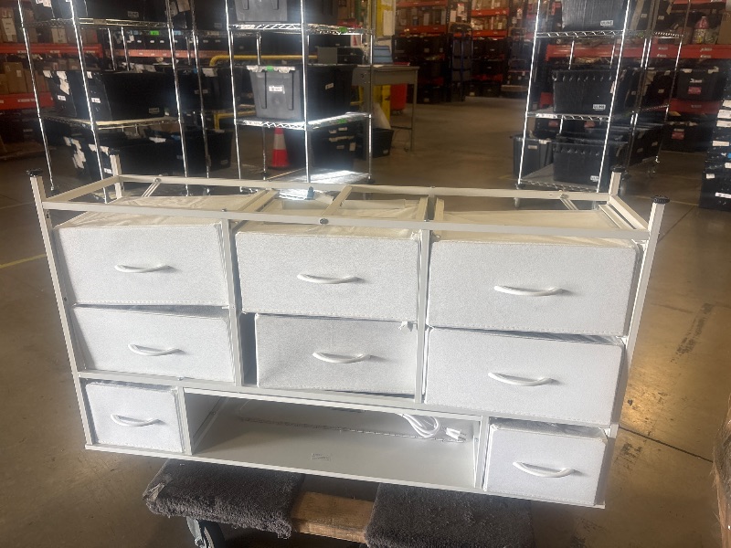 Photo 1 of Dresser with Hanging Rack & 6 Fabric Drawers for Bedroom, Featuring LED Lights and Charging Station, White Fabric Dressers & Chest of Drawers with Grid Panel & 4 Hooks, Wooden Top
