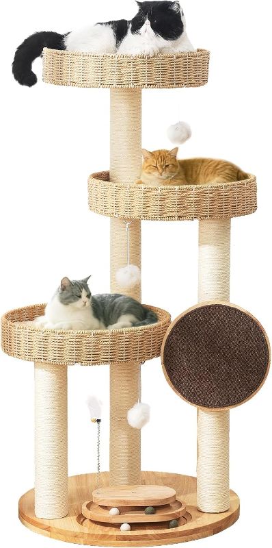 Photo 1 of Solid Wood Cat Tree for Large Cats, 48-Inch Modern Cat Tower with Hand-Woven Baskets, Multi-Level Cat Condo with Sisal Scratching Posts, Sturdy Indoor Cat Furniture for Big Cats up to 20lbs
