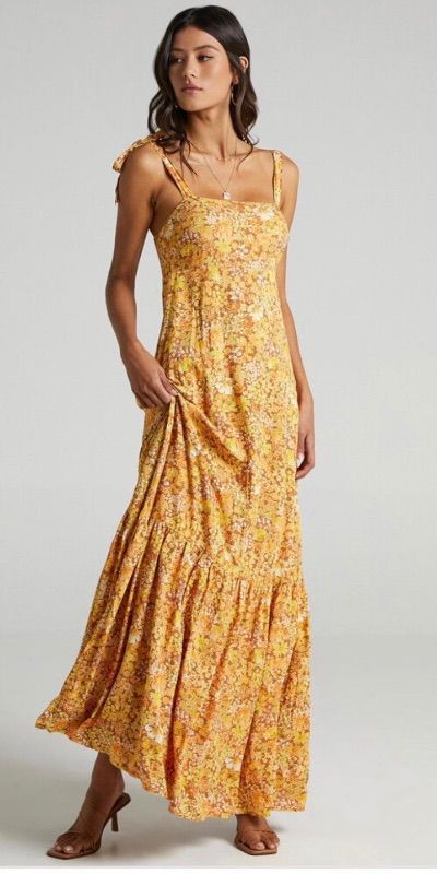 Photo 1 of (S) Womens Floral Maxi Dress Long, With Tieable Sleeves - Yellow

