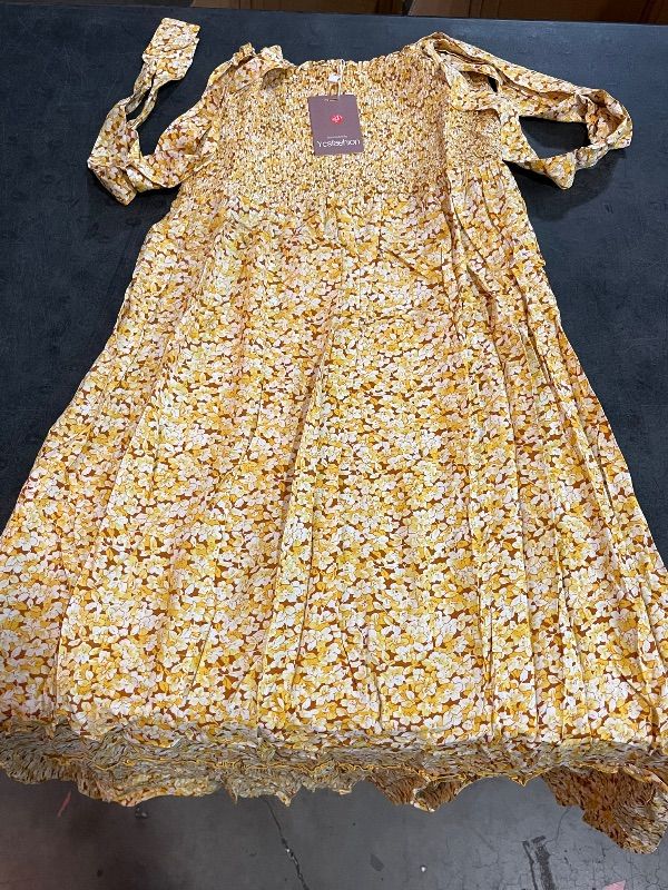 Photo 1 of (S) Womens Floral Maxi Dress Long, With Tieable Sleeves - Yellow
