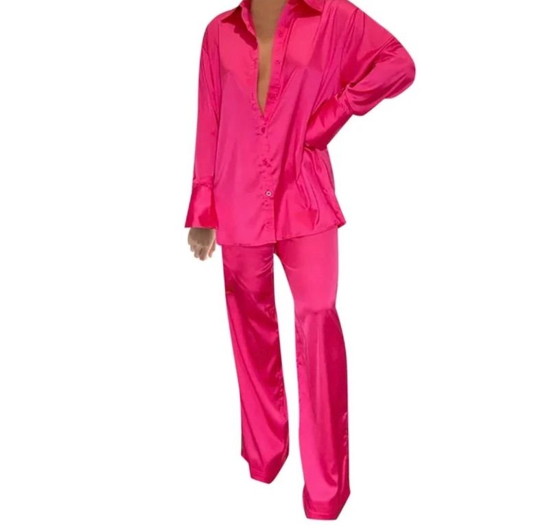 Photo 1 of (L) Womens Silk Satin 2 Piece Outfit Long Sleeve Lapel Button Down Top Shirt Wide Leg Long Pant LoungeWear Pajama Set
