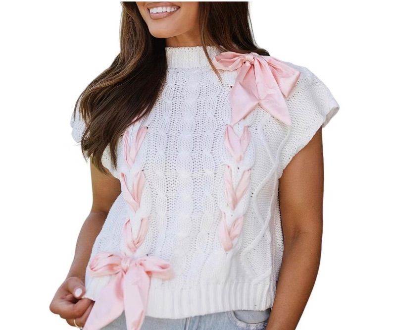 Photo 1 of (M) Womens Clearlove Lace Up Ribbon Sweater Vest Cap Sleeve Knit Tank Top Bow Twist Crochet casual Blouse