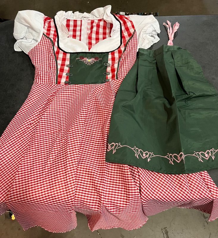 View 2 of (L) Clearlove Womens Dirndl Sleeve Square Neck Gingham Panel Dress Embroidered Hem Aprom Two Piece Set