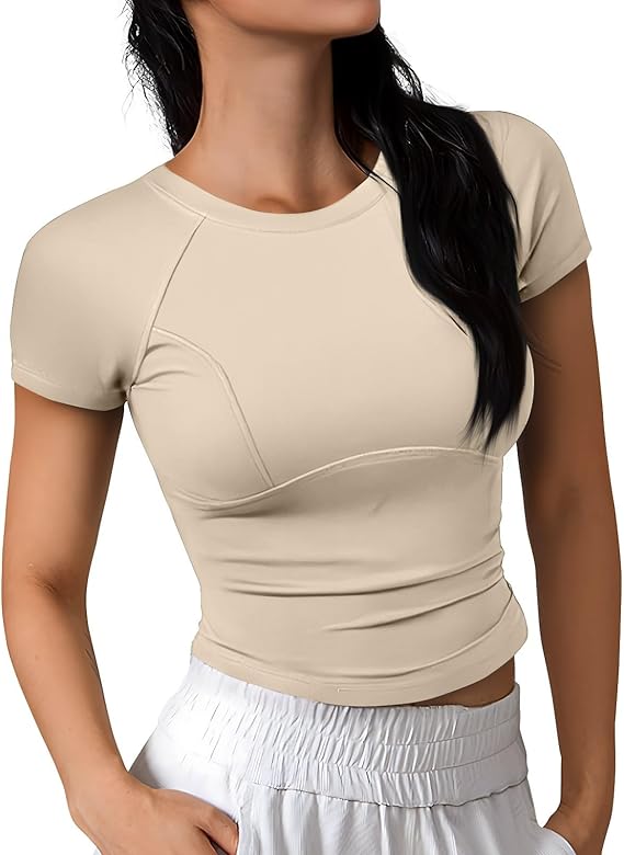 Photo 1 of (L) GREEN Womens Crew Neck Tops Short Sleeve T-Shirts Summer Slim Fitted Compression Y2k Basic Clothes 2026 Going Out Outfits
