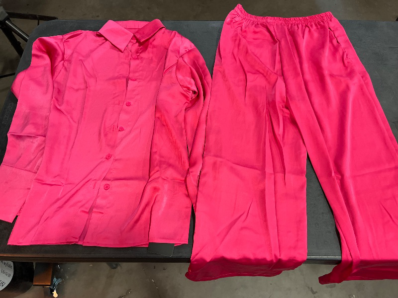 Photo 1 of (S) Womens Silk Satin 2 Piece Outfit Long Sleeve Lapel Button Down Top Shirt Wide Leg Long Pant LoungeWear Pajama Set
