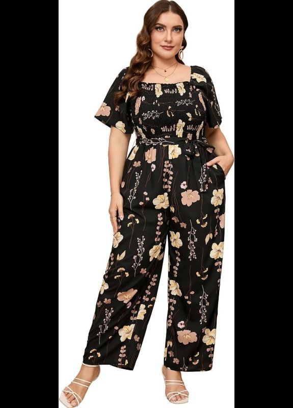 View 1 of (5XL) Clearlove Womens Jumpsuit Square Neck Ditsy Floral Puff Sleeve Tie Front Casual Wide Leg Jumpsuit Outfit- Black
