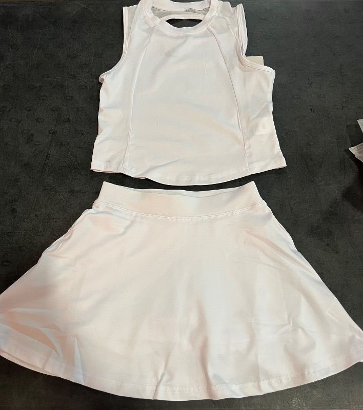 Photo 1 of (XS) Girls Tennis Outfit Set with Open Back Tanktop and Skirt - White
