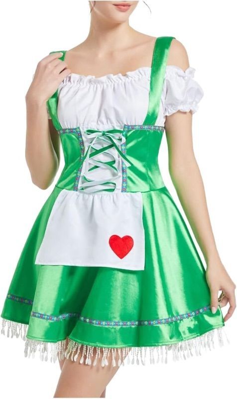 Photo 1 of (S) Women's Heart Pattern Fake 3-Piece Front Tie Front Strapless Blouse Cosplay Costume Set Green
