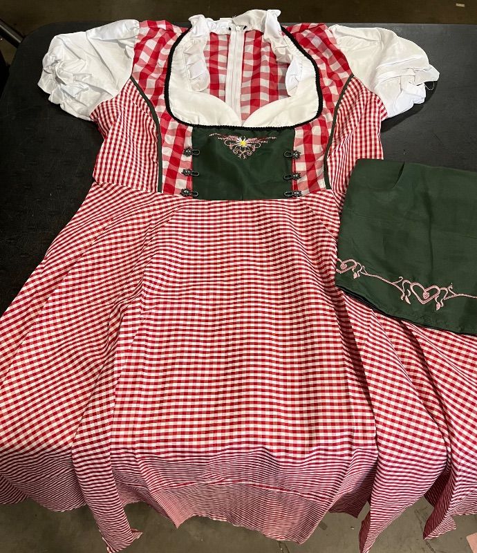 Photo 1 of (XL) Clearlove Womens Dirndl Sleeve Square Neck Gingham Panel Dress Embroidered Hem Aprom Two Piece Set

