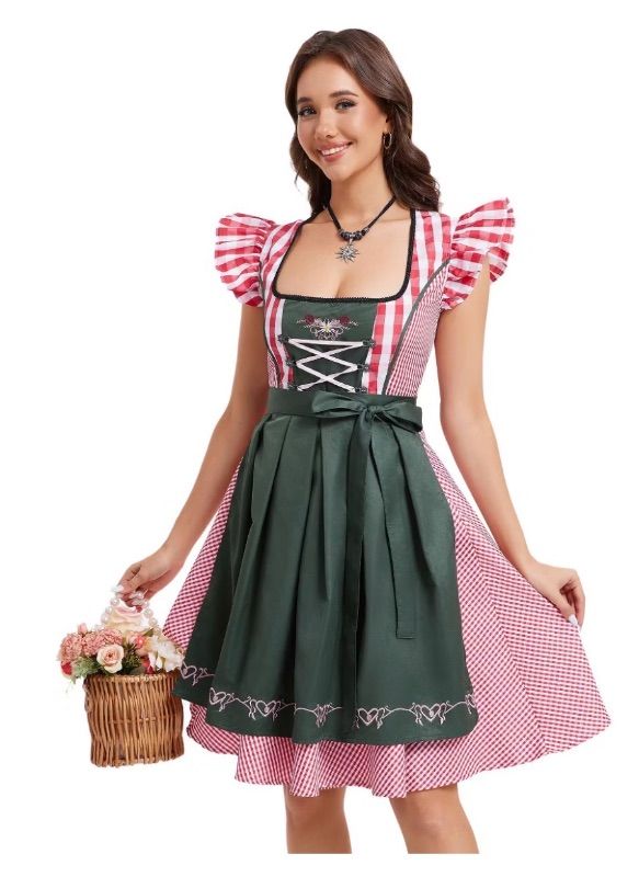 Photo 1 of (XL) Clearlove Womens Dirndl Sleeve Square Neck Gingham Panel Dress Embroidered Hem Aprom Two Piece Set
