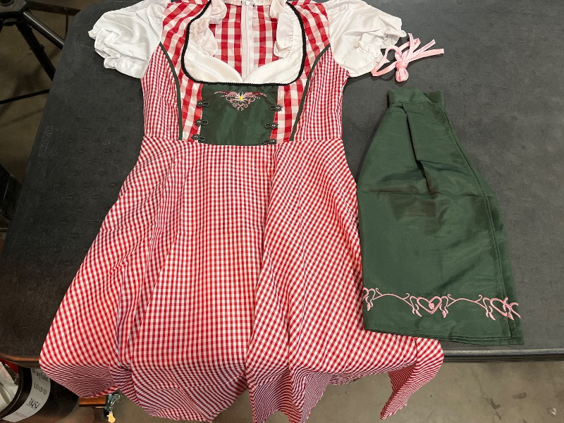 View 2 of (S) Clearlove Womens Dirndl Sleeve Square Neck Gingham Panel Dress Embroidered Hem Aprom Two Piece Set