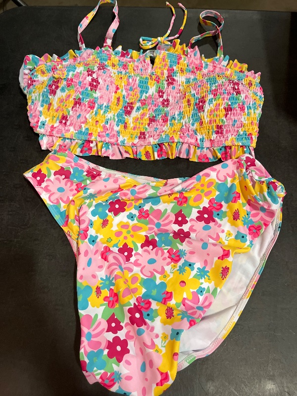 Photo 1 of (3XL) Womens Nallu Bikini Floral with Ruffled Straps Bikini Set - Floral/Pink