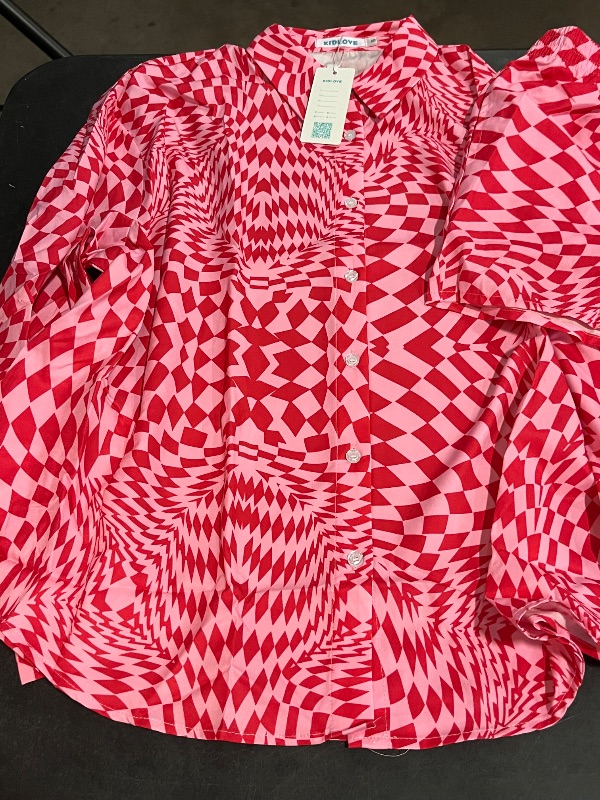 Photo 1 of (XL) Women's 2 Piece sets Button Down Shirt Long Sleeve Short Drawstring Outfits Pink Print-Target