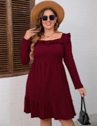 Photo 1 of (4XL) Women's Square Neck Long - Sleeve Dress with Ruffle Trim & Tie Detail, Flowy Midi Dress for Casual & Semi - Formal Wine Red- Target